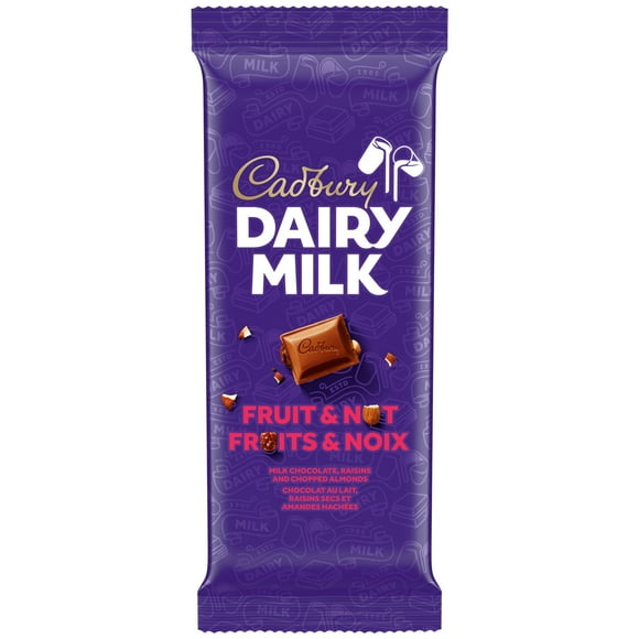 CADBURY DAIRY MILK, Fruit & Nut Chocolate Bar, CADBURY DAIRY MILK Milk Chocolate with Raisins and Chopped Almonds, 90 g
