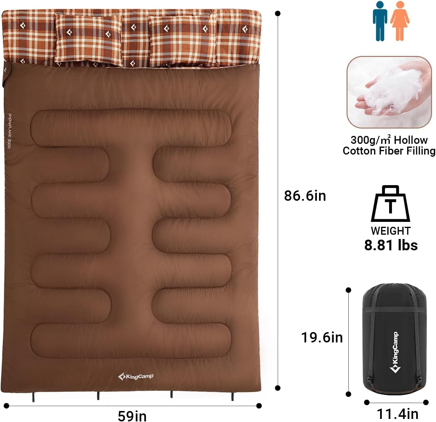 KingCamp Queen Size 2-Person Double Cotton Flannel Sleeping Bag - 8°F-44°F Cold Weather Rating, Lightweight & Compact for Backpacking, Includes Pillows for Couples & Family Camping, 8.8LBS (Coffee)