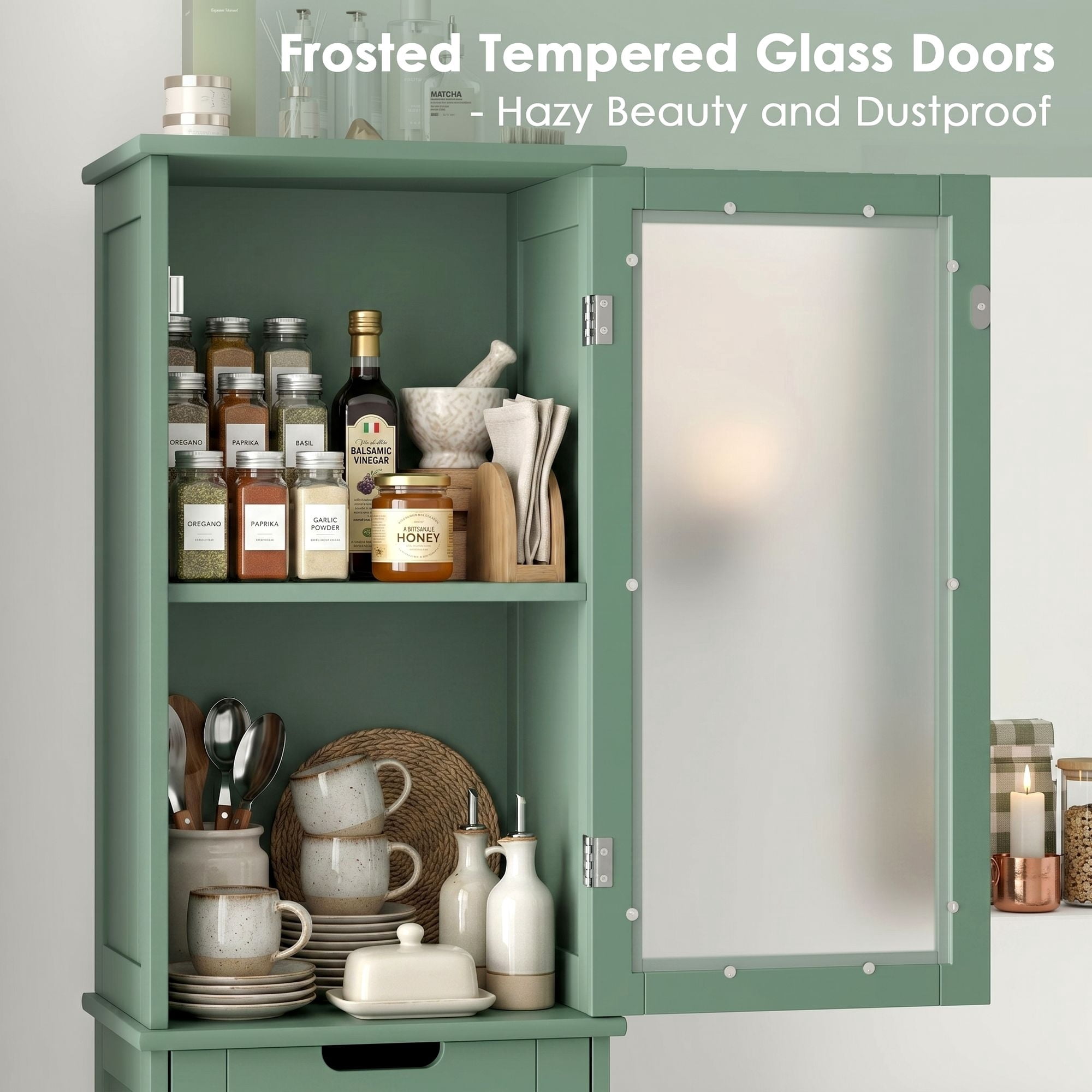 Homfa Narrow Kitchen Pantry Storage Cabinet, 67" Slim Pantry Cabinet with Drawer and Door, Space-Saving Freestanding Storage Cabinet for Small Place, Green