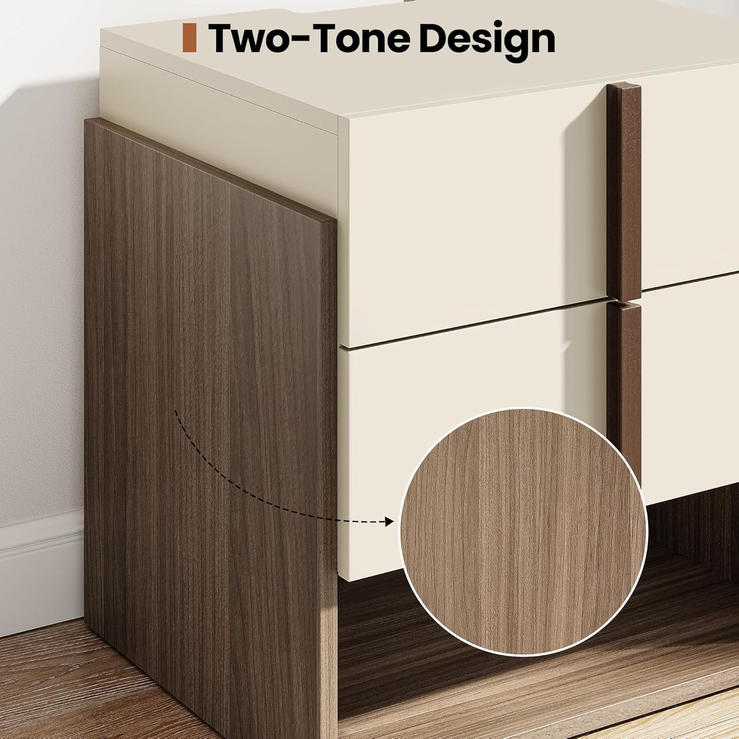 Modern Nightstand with Charging Station, 20" MCM Bedside Table with 2 Drawers & Open Storage Shelf, End Table with USB Ports and Power Outlets for Bedroom, Living Room, Cream White & Walnut