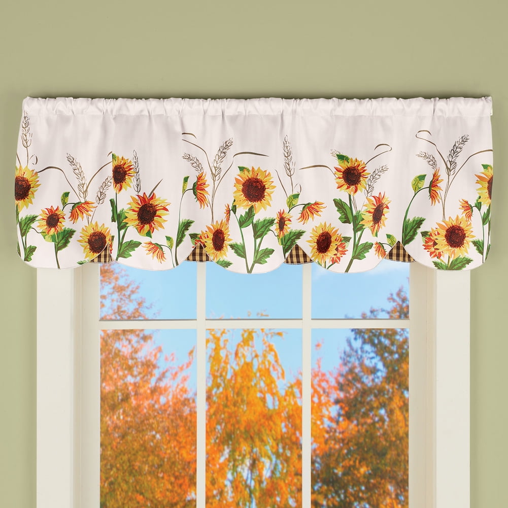 Window Valance Curtain With Scalloped Sunflowers Decoration For