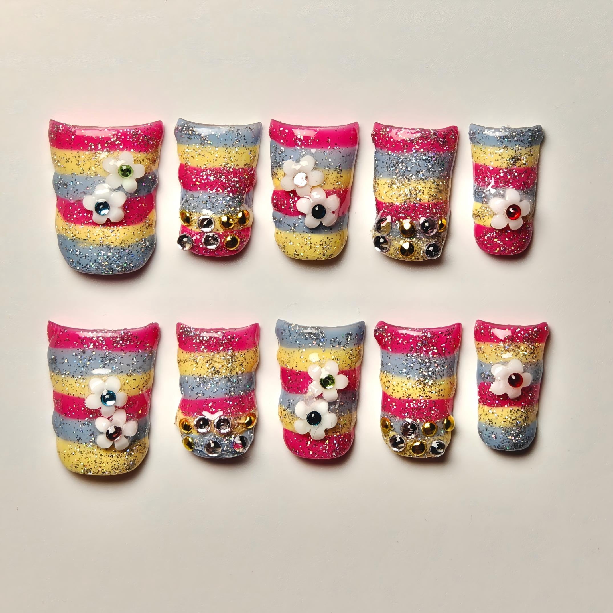 Handmade Press-on Nails with Glitter Stripes and Floral Rhinestones