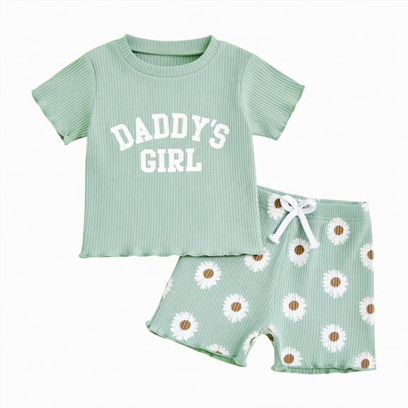 Xyant Toddler Baby Girl Summer Clothes 6 12 18 24 Month 2T 3T Daddys Girl Outfits Short Sleeve T-Shirts Tops Daisy Shorts Set (Green,12-18 Months)