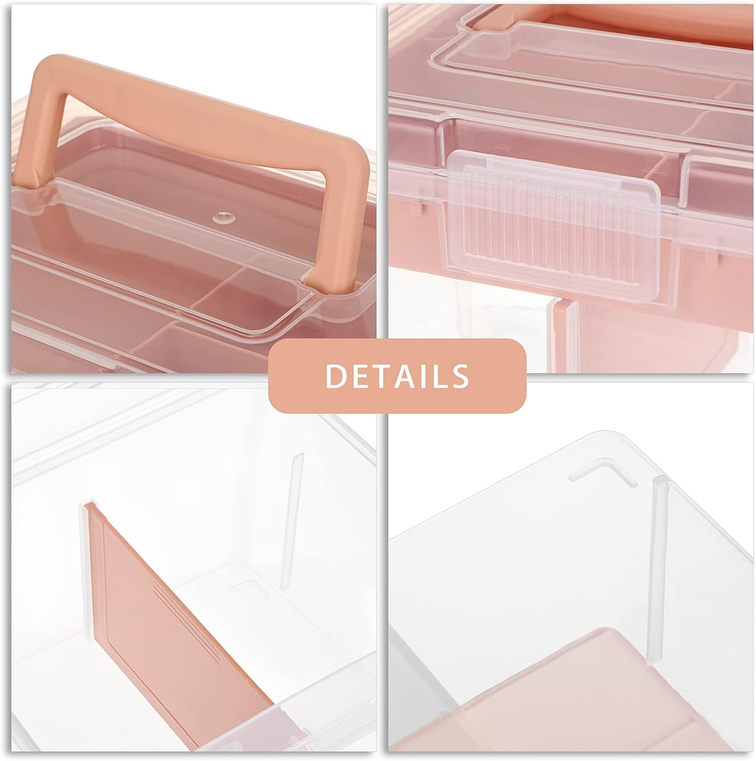 ABPETE 2 Layer Clear Plastic Dividing Storage Box with Removable Tray Multipurpose Stationery Storage Box with Handle Portable Sewing Box Art Craft Supply Organizer Home Utility Box (Small Pink)