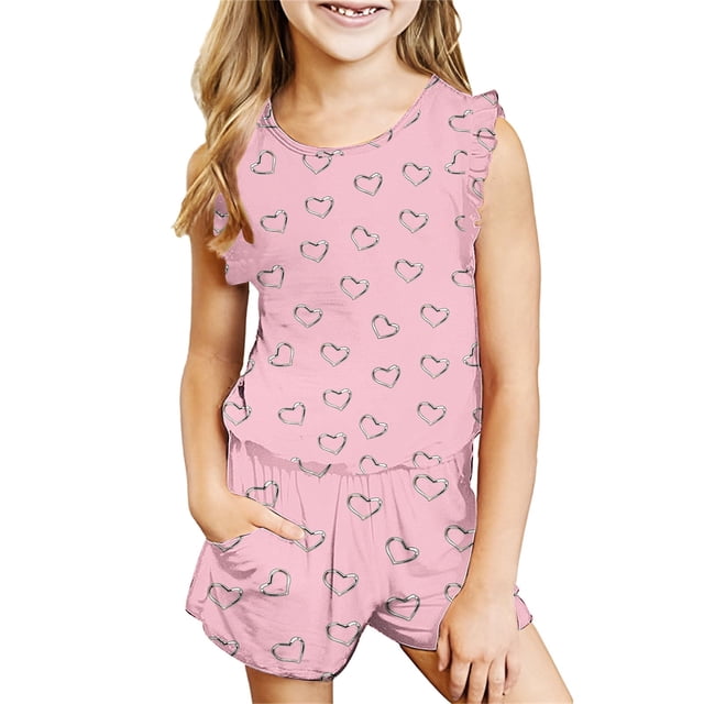 IFNWSV Ensembles d'Été pour Filles Mode Décontractée Sans Manches Col Rond Imprimé Ensembles de Shorts 5-6 Ans