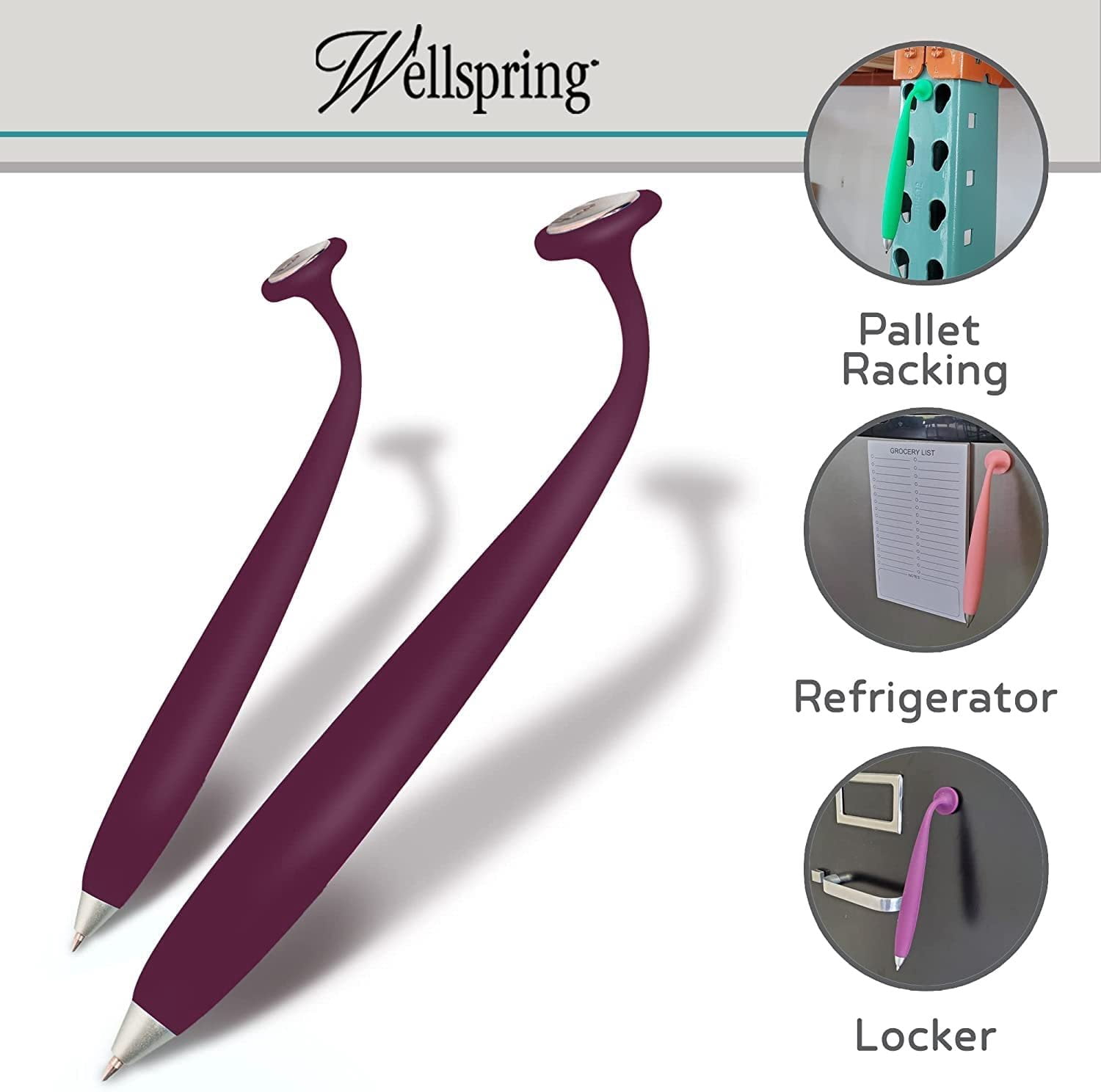 Wellspring Wiggle Pen - Magnetic Pens For Fridge And Other Magnetic Surfaces, For Making Quick Notes Or Lists, Use With A Grocery List Magnet Pad For Fridge 3 Pack - Amethyst, Jade, Navy