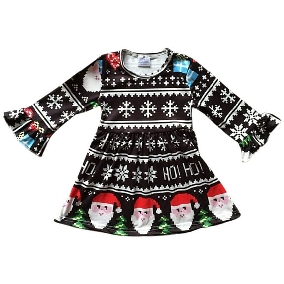 Toddler Girls Long Sleeve Snowflake Santa Christmas Party Fall Flower Girl Dress Black 2T XS (P501940P)