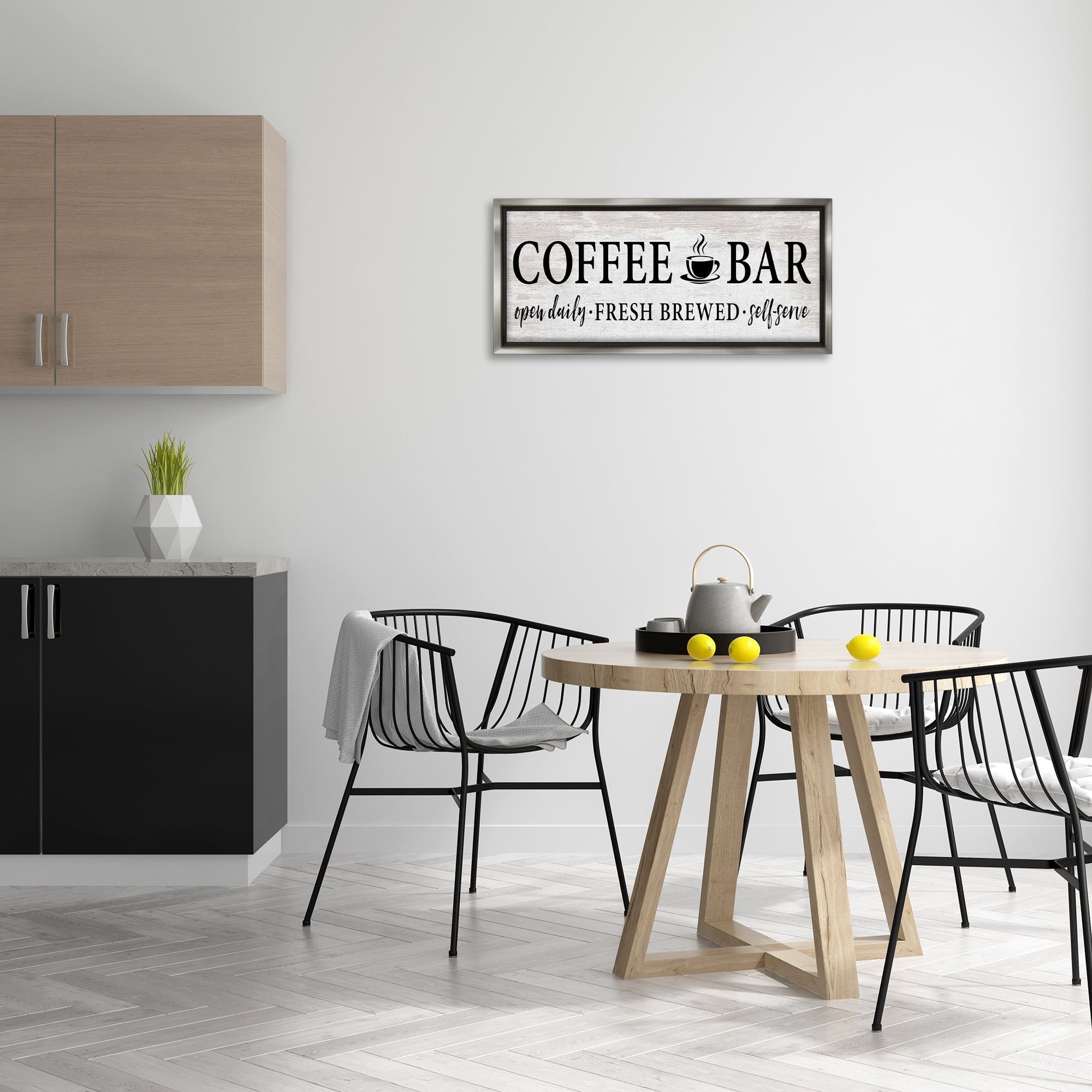 Stupell Industries Coffee Bar Cafe Rustic Sign Food & Beverage Painting Gray Floater Framed Canvas Art Print Wall Art, 31 x 14