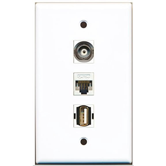 RiteAV - 1 Port USB A-A 1 BNC 1 Cat5e Ethernet White Wall Plate