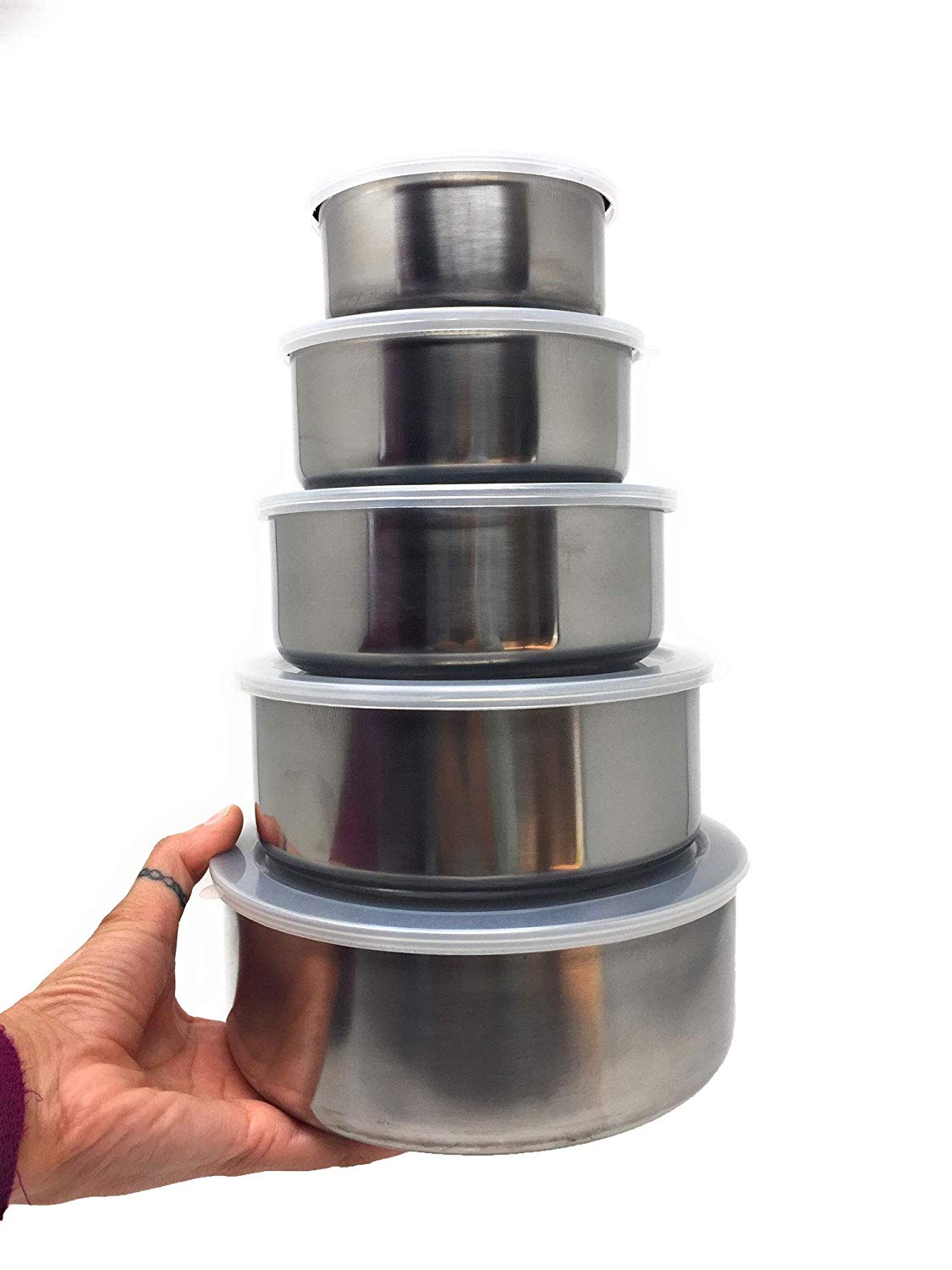 Stainless Steel Food Storage Bowls Set of 5 Lid Nesting Metal Mixing