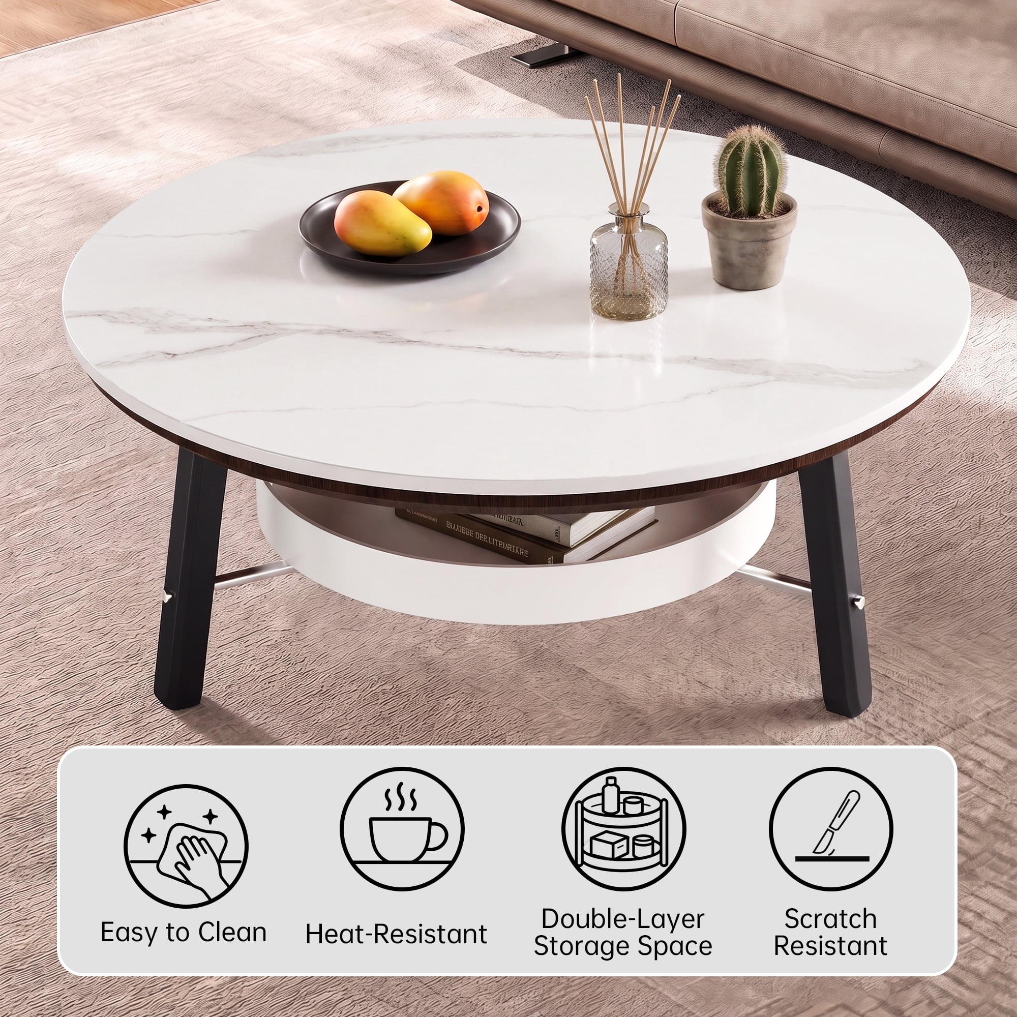Leumius Round Coffee Table with Storage Shelf, Modern Minimalist Center Table for Living Room White