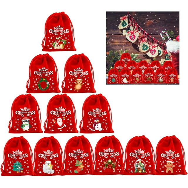 Christmas Velvet Drawstring Pouch - Santa Candy Gift Snack Wrapping, Xmas Party Favor & Jewelry Storage Bag