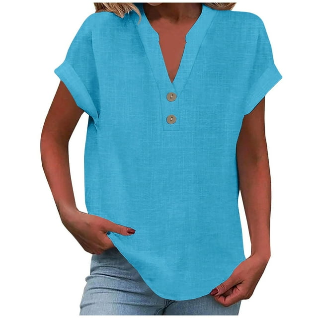 Timegard Cotton Linen Tops for Women V-Neck Button Short Sleeve Solid Color Dressy Casual Loose Tops