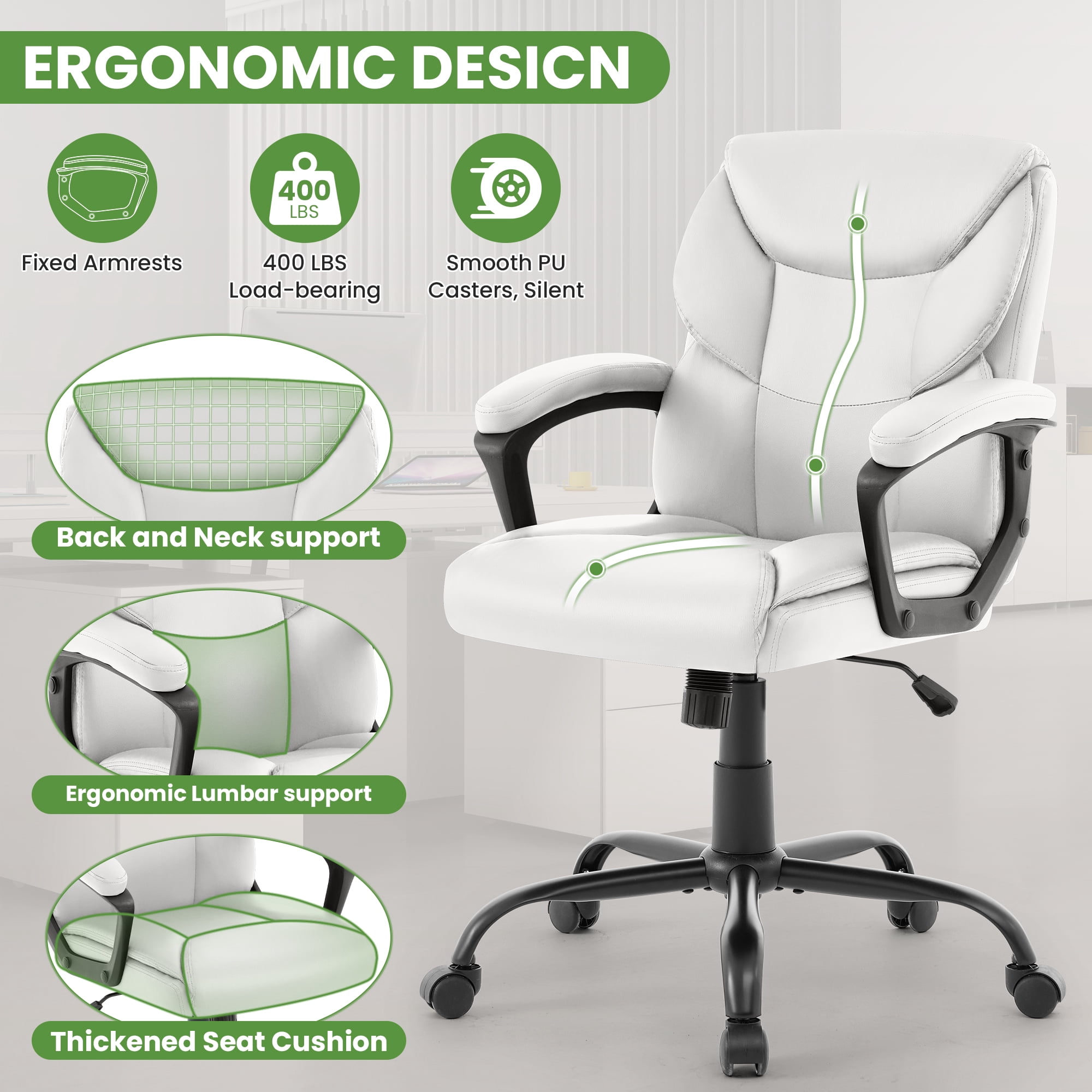 JONPONY Leather Office Chair, Big and Tall 400lbs Ergonomic Desk Chairs with Back Support, Executive Leather Chair with Wheels for Home Office, 360°Swivel Free, White