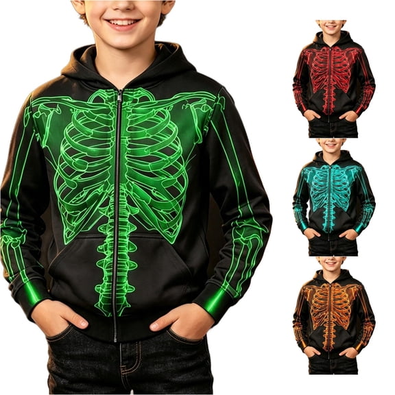 Byoo Infant Boy's Halloween Glow‑Skeleton Zip‑Up Hoodie Jacket Long Sleeve Hooded Sweatshirt Pullover Top