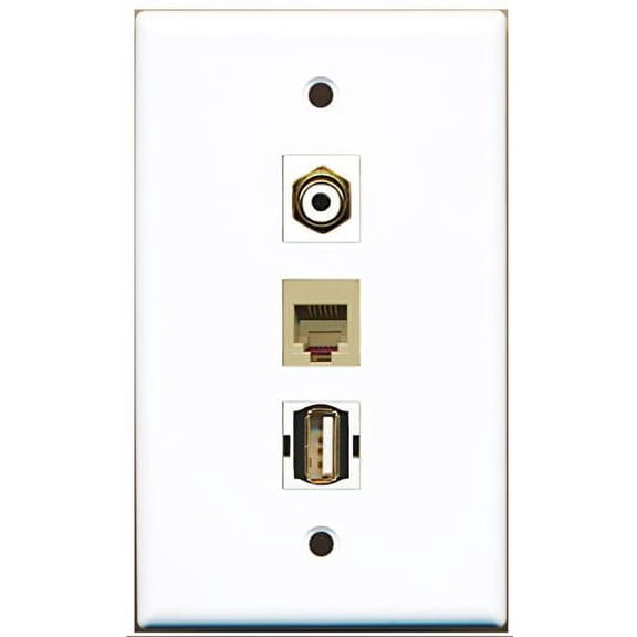 RiteAV - 1 Port RCA White and 1 Port USB A-A and 1 Port Phone RJ11 RJ12 Beige Wall Plate
