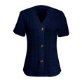 thumbnail image 5 of Pincandy Women's V-neck Twisted Button Solid Color Casual Loose Button Short Sleeved Top Summer Short Sleeve T Shirt Notched V Neck Eyelet Embroidery Tee Tops,Navy,L, 5 of 5