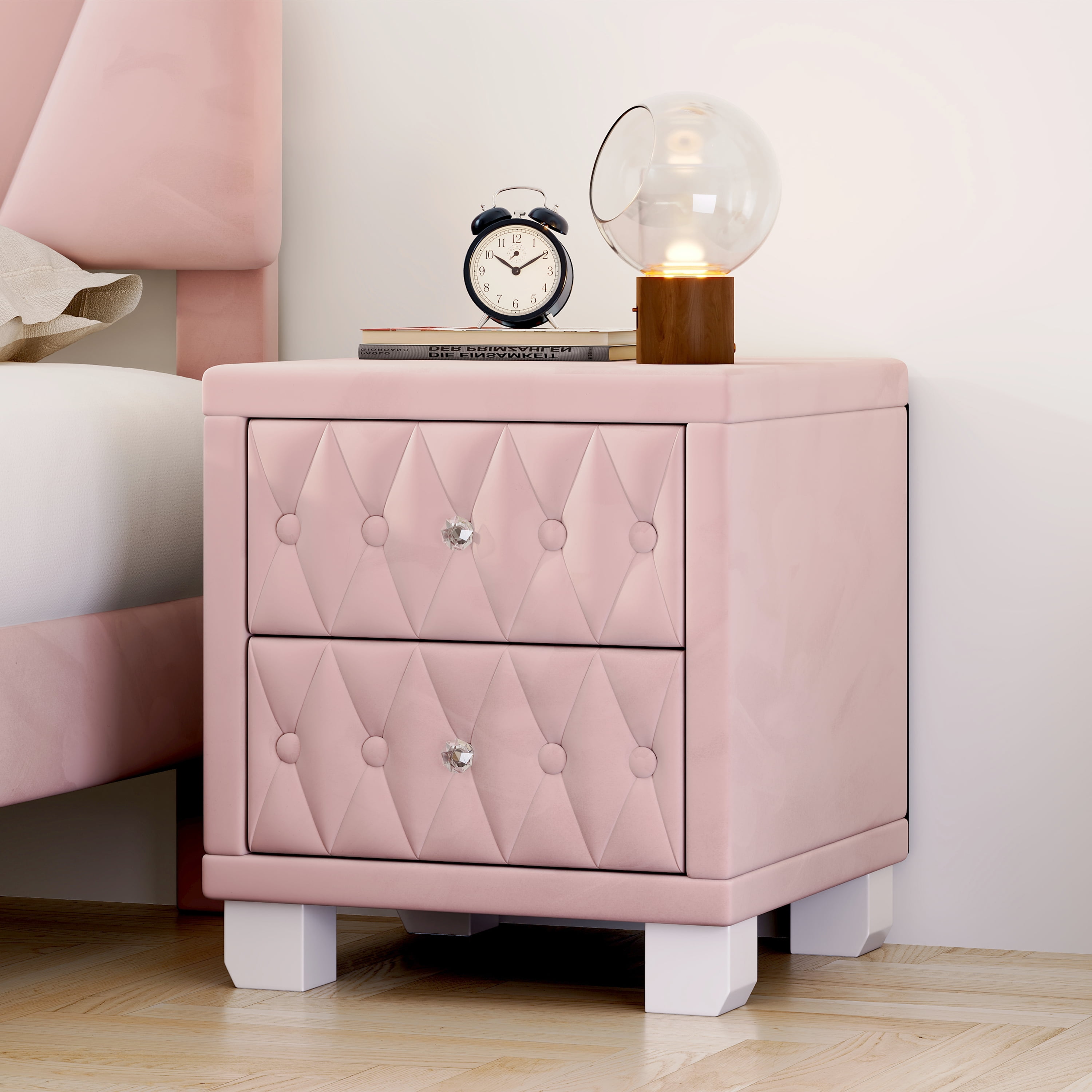 Euroco Velvet Nightstand with 2 Storage Drawers and Crystal Handle,Bedside Table End Table with Button-Tufted for Bedroom Living Room,Pink