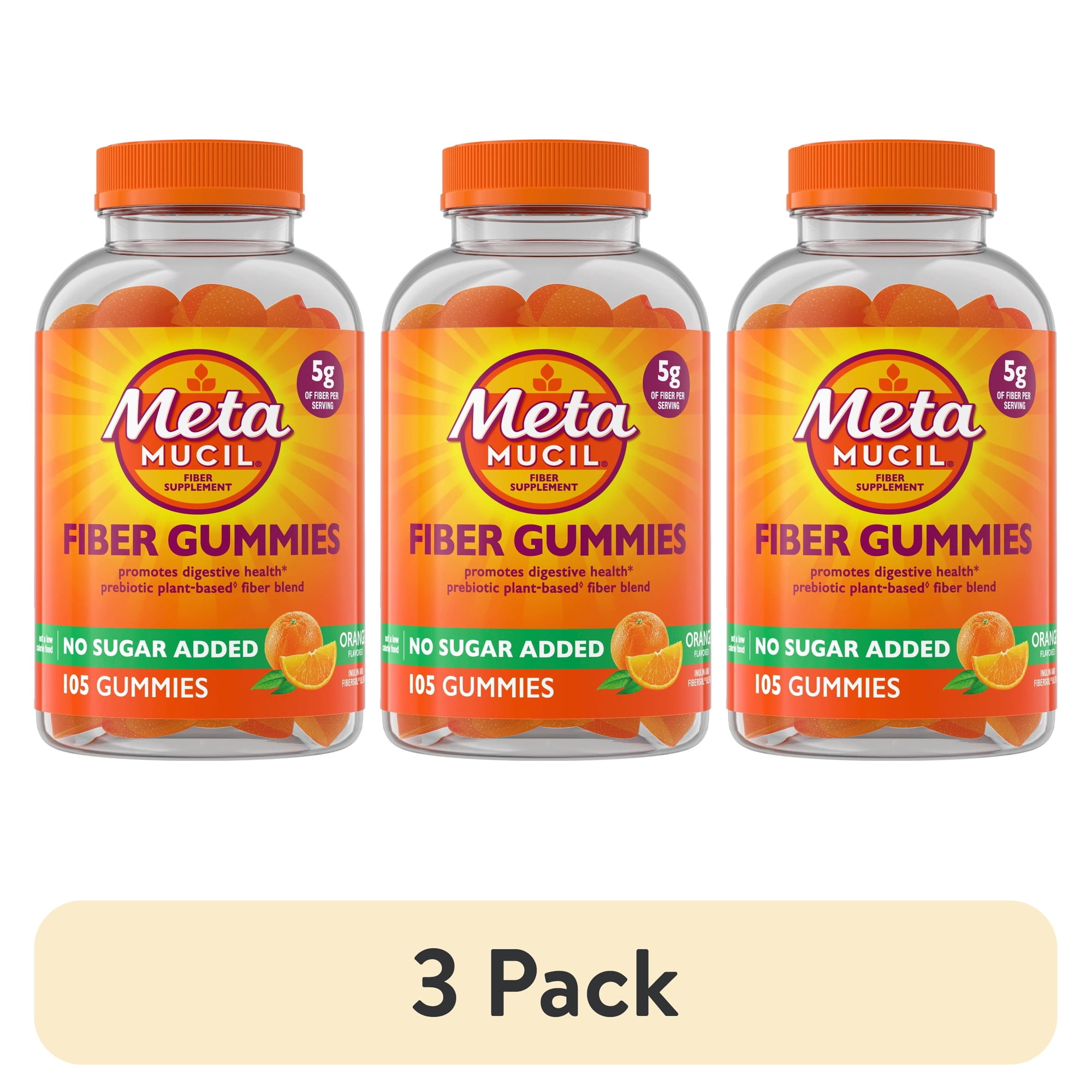 (3 pack) Metamucil Fiber Gummies, No Sugar Added Fiber Gummies for Adults, Orange, 105 Count