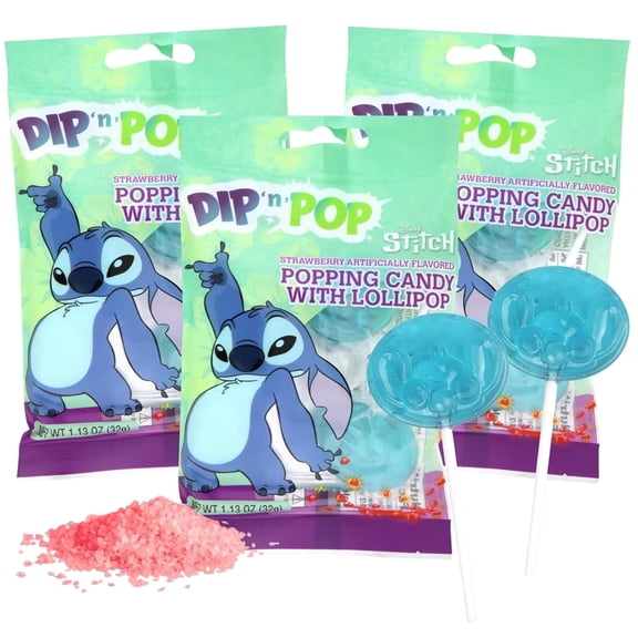 Stitch Lollipops with Strawberry Popping Candy, Individually Wrapped, Birthday Party Favors, 1.13 Ounces Each, Pack of 3