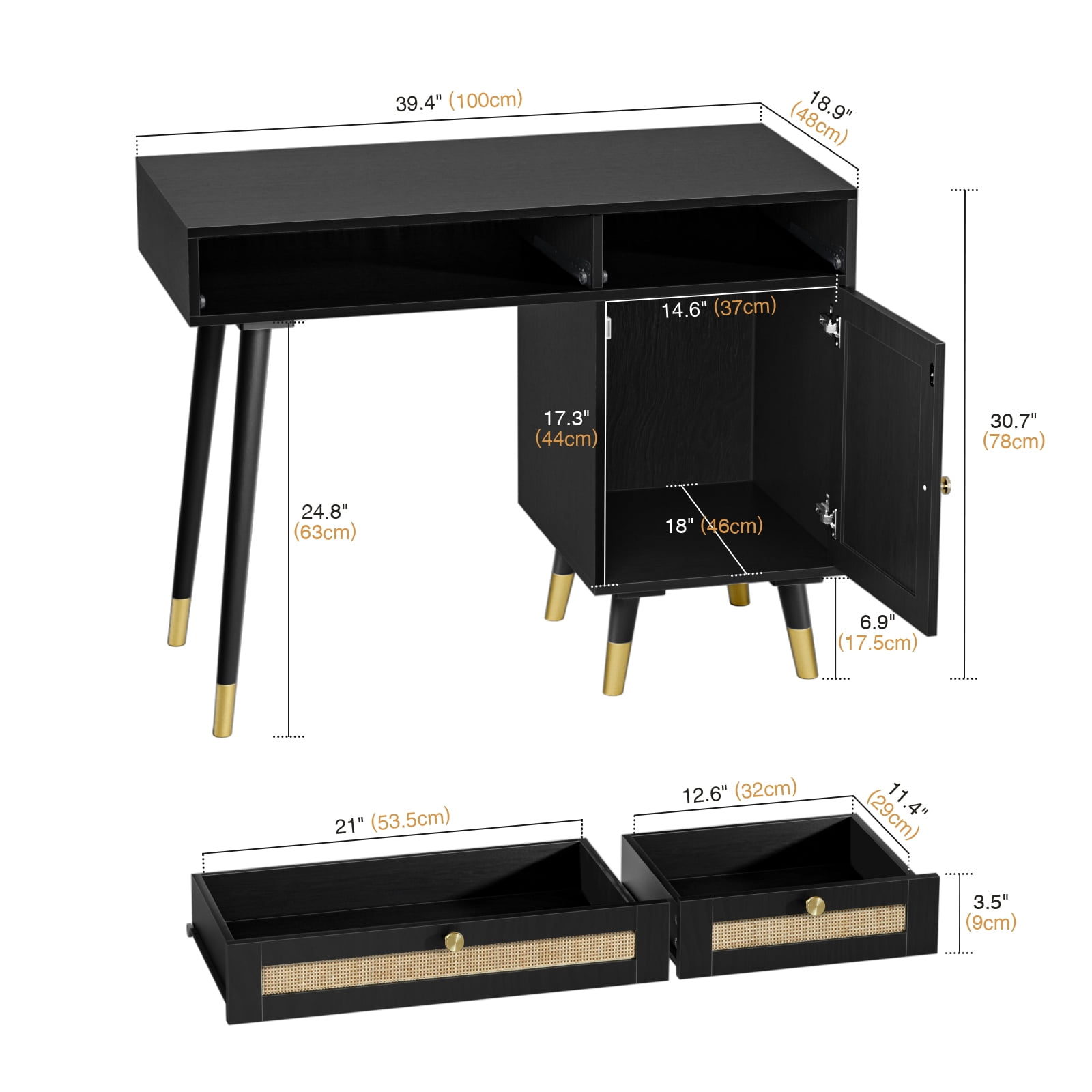 Eumyviv Multipurpose Rattan Furniture, Desktop Computer Desk with Storage, Office Room Desk, Black D0005