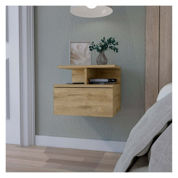 Floating Nightstand with 2 Shelves - Macadamia Finish - Wall Mounted Bedside Table - Small Bedroom Storage - Modern Minimalist Nightstand Natural   1 Drawer   Bedroom   Floating   Shelf   Wood