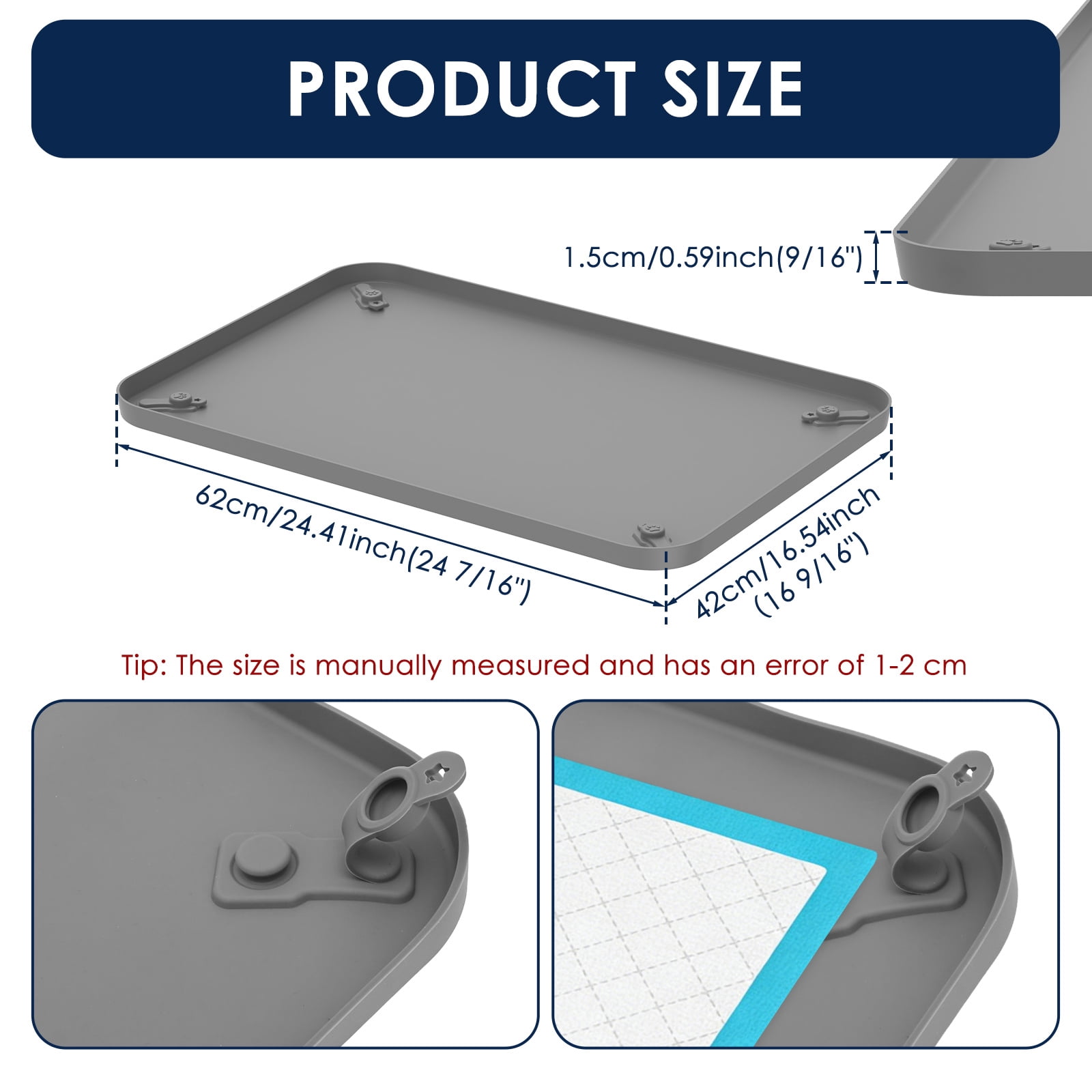 Pee Pad Tray Holder for Dogs - Fits Up to 24.41x16.54in. Square Potty Training Pads No Spill Raised Lip High Edge Silicone Mat, Extra Thick and Non-Slip for Indoor Floor Protection (S, Grey)