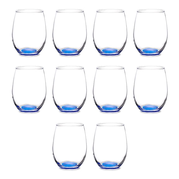 Stemless Wine Glasses in Bulk by ARC Perfection, 15 oz -10 pack, Red or White Wine Glass Drinking Set, Blue
