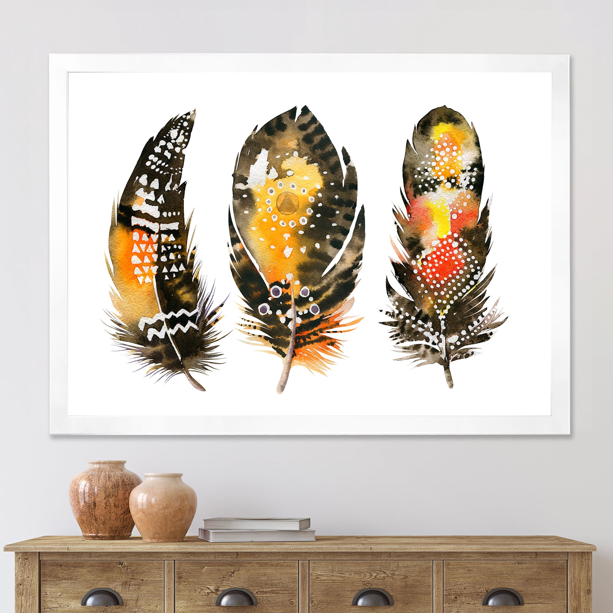 Designart 'Ethnic Boho Art Orange Feathers' Bohemian & Eclectic Framed Art Print