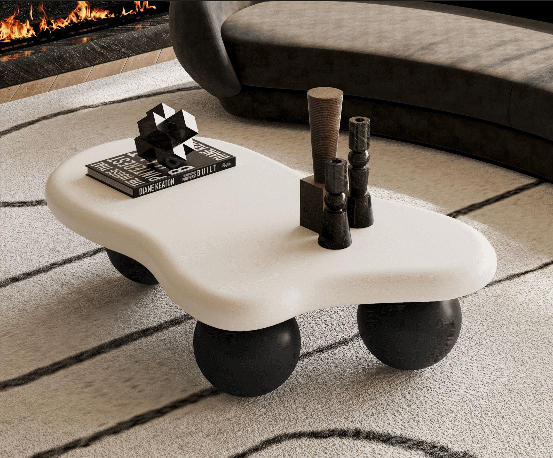 MDQMD 40”Cloud Coffee Table White Black ,Irregular Coffee Table,with 3 Ball Legs,Modern Coffee Table,Accent Center Table for Living Room