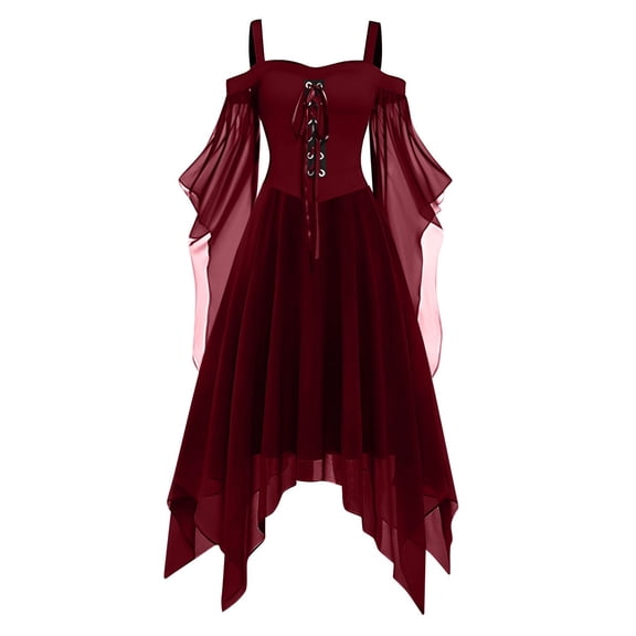 Women's Victorian Halloween Costume Dress, Off Shoulder Chiffon Gown with Butterfly Sleeves, Asymmetrical Hem Gothic Party Outfit for Renaissance Cosplay, Costume Parties and Holiday Events