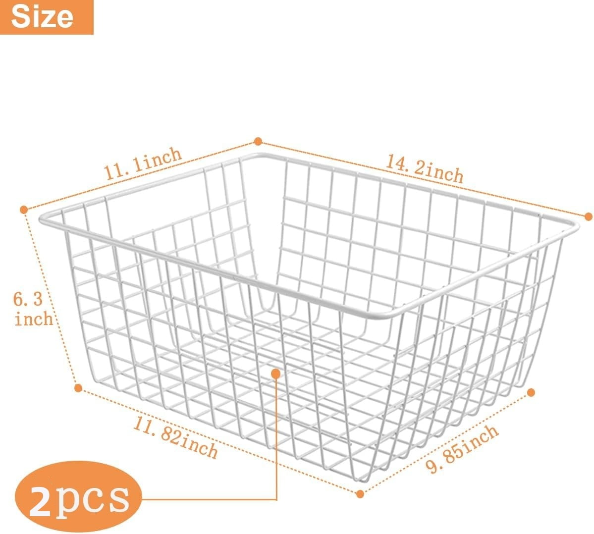 2 Pack Freezer White Wire Baskets for Organizing Office Wire Storage Basket with Built-in Handles, 14" Large White Metal Baskets for Pantry Freezer Kitchen Cabinets