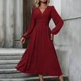 thumbnail image 4 of T Shirt Dresses for Women Womens Chiffon Cocktail Maxi Dress, Long Sleeve V Neck Chiffon A-Line Flowy Wedding Guest Dresses Pleated Dress for Women Wine XXL, 4 of 9