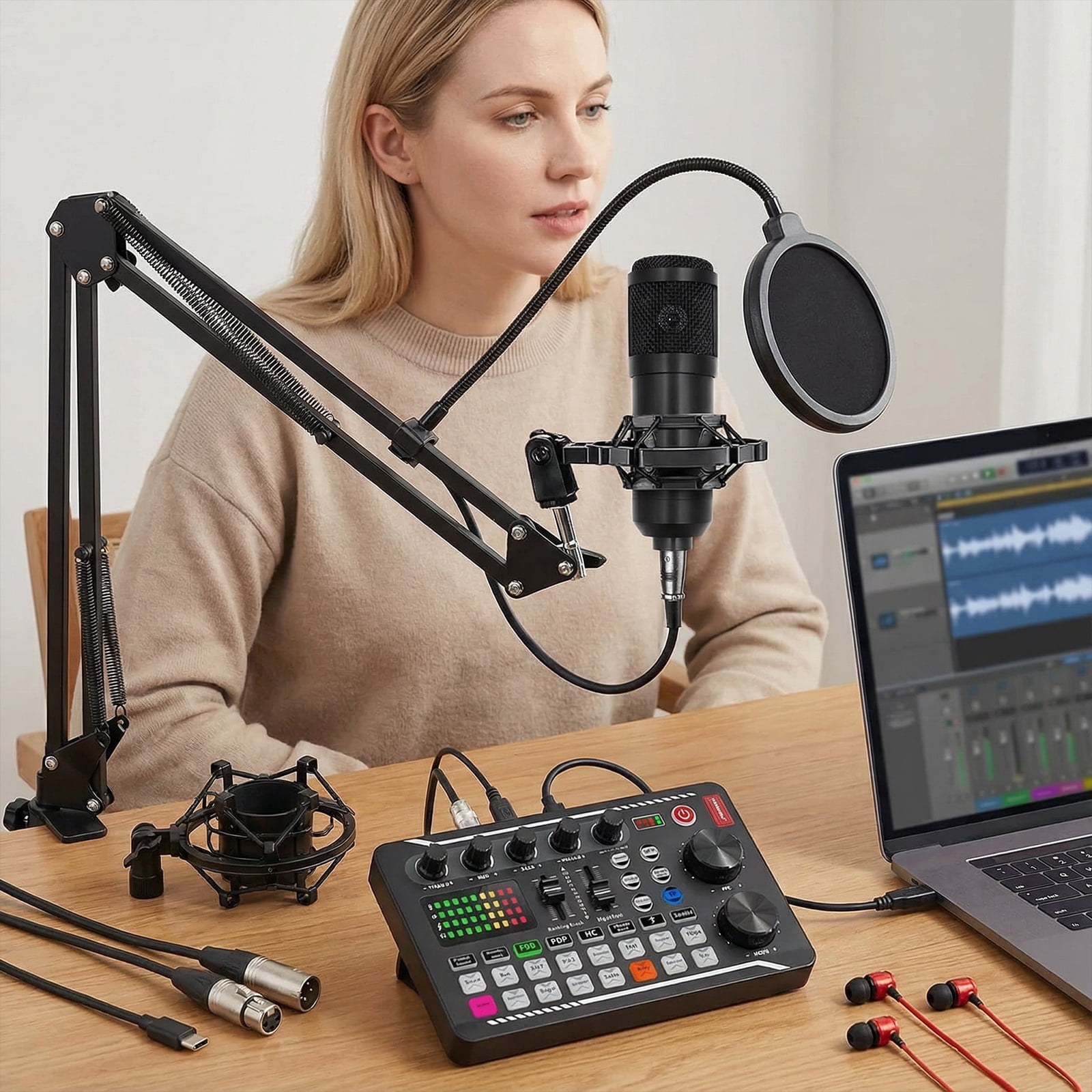 SHegdu Podcast Equipment Bundle Recording Studio Package with Microphone Live Sound Card Stand Wired Headphones for Live Streaming Singing Gaming (Black)
