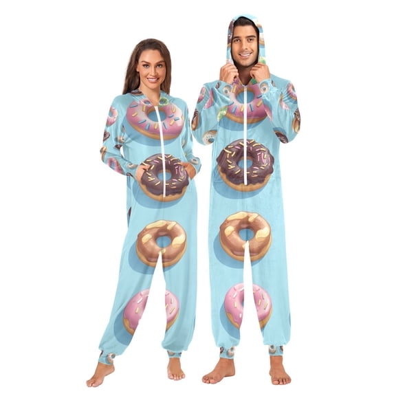 Donuts in Blue Adult Unisex Onesie Pajamas Slim Fit One Piece Suit Pjs Sleepwear Pajama Jumpsuit