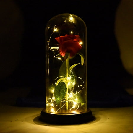 Anniversary Clock Glass Dome Beauty and The Beast Rose Enchanted Rose,Rose Kit, Red Silk Rose and Led Light with Fallen Petals in Glass Dome on Wooden Base Valentine's Day Anniversary Birthday ()