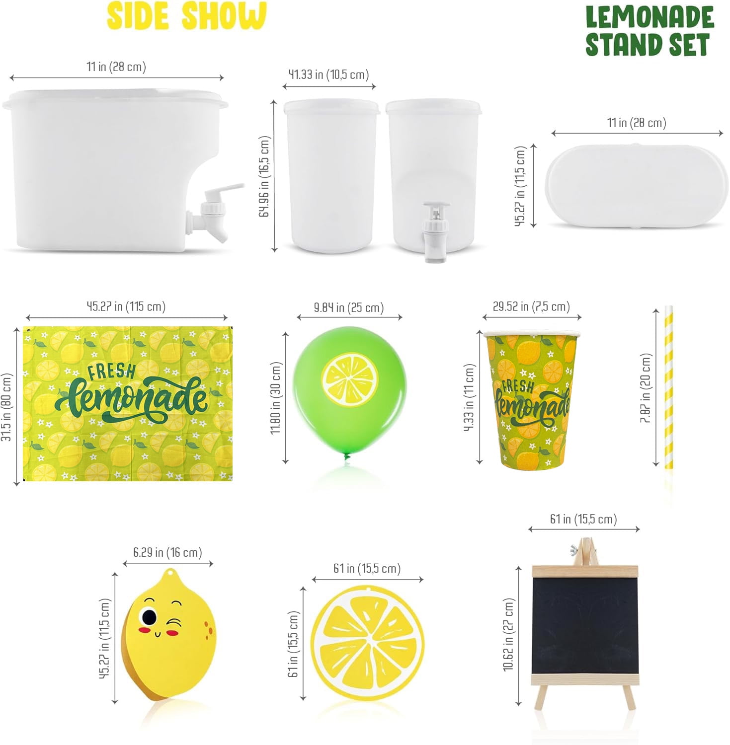 Green Fresh Lemonade Stand Supplies, Lemonade Stand Kit, Includes 3.5L Drink Dispenser, Lemonade Cups, Paper Straws, Garland, Latex Balloons, Board, Fresh Lemonade Banner (Stand NOT Included)