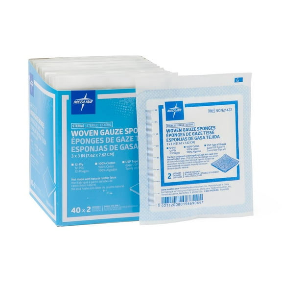 Medlne Sterile 100% Cotton Woven Gauze Sponges, 3"x3", 80 Per Box (2400 Total Sponges)