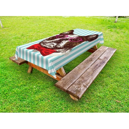 

German Outdoor Tablecloth Pop Art Hand Drawn Bulldog Sketch on Striped Background Funny Animal with Glasses Decorative Washable Fabric Picnic Tablecloth 58 X 104 Inches Multicolor by Ambesonne