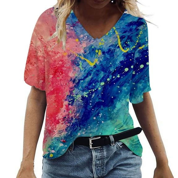 QENGING Women's Short Sleeve Summer Fold Floral Printed Regular Short Sleeves V Neck Button Top on Clearance