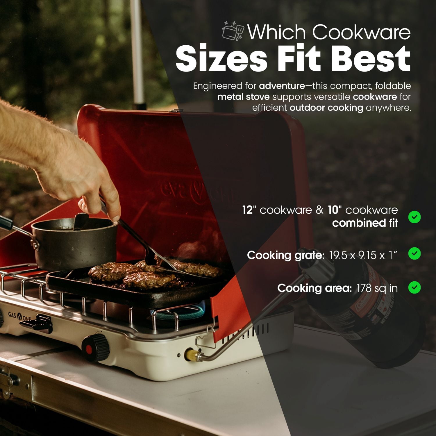 GasOne PS-2500RWA Portable Camping Stove – Double Propane Stove with Auto Twist Turn Ignition – 22,000 BTU Camping Cooktop with 2 Burners and Wind Guard – Ideal for Tailgating, Fishing, Travel, Red