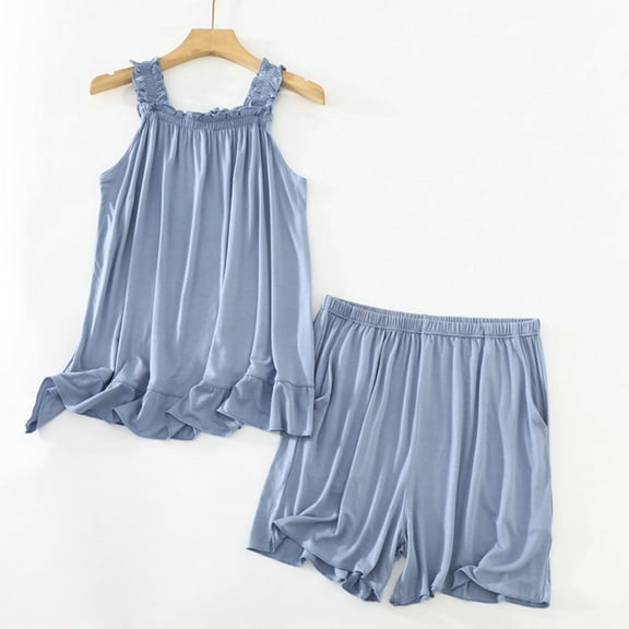 BLTIBY 2 Piece Sets for Women Summer Solid Color Loose Sleeveless Cami Shirts Wide Leg Shorts Matching Set with Pockets Vacation Outfits Blue L