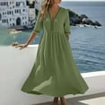 thumbnail image 3 of Ohufall Cotton Linen Dress for Women Hollow Out Pleated Dresses V Neck Half Sleeve Vacation Beach Maxi Dress, 3 of 8