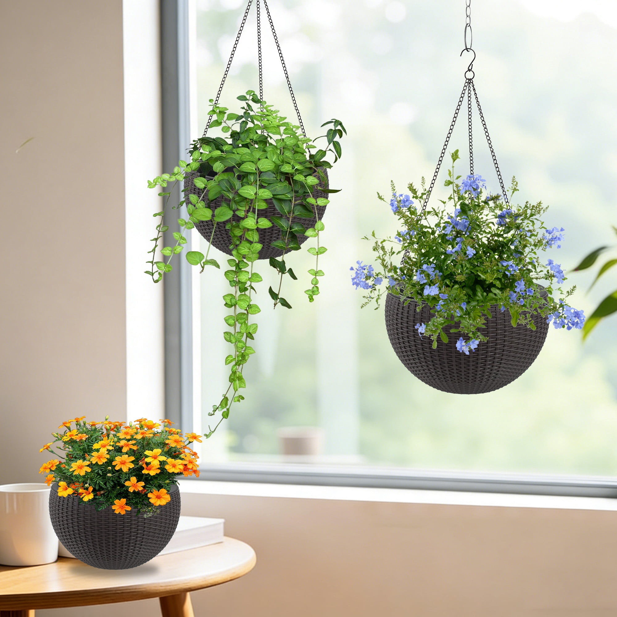 Vigo huseeo 2 Pack Large Self-watering Hanging Planters for Indoor & Outdoor Plants , Resin Rattan Pot for Home, Office and Garden, Brown