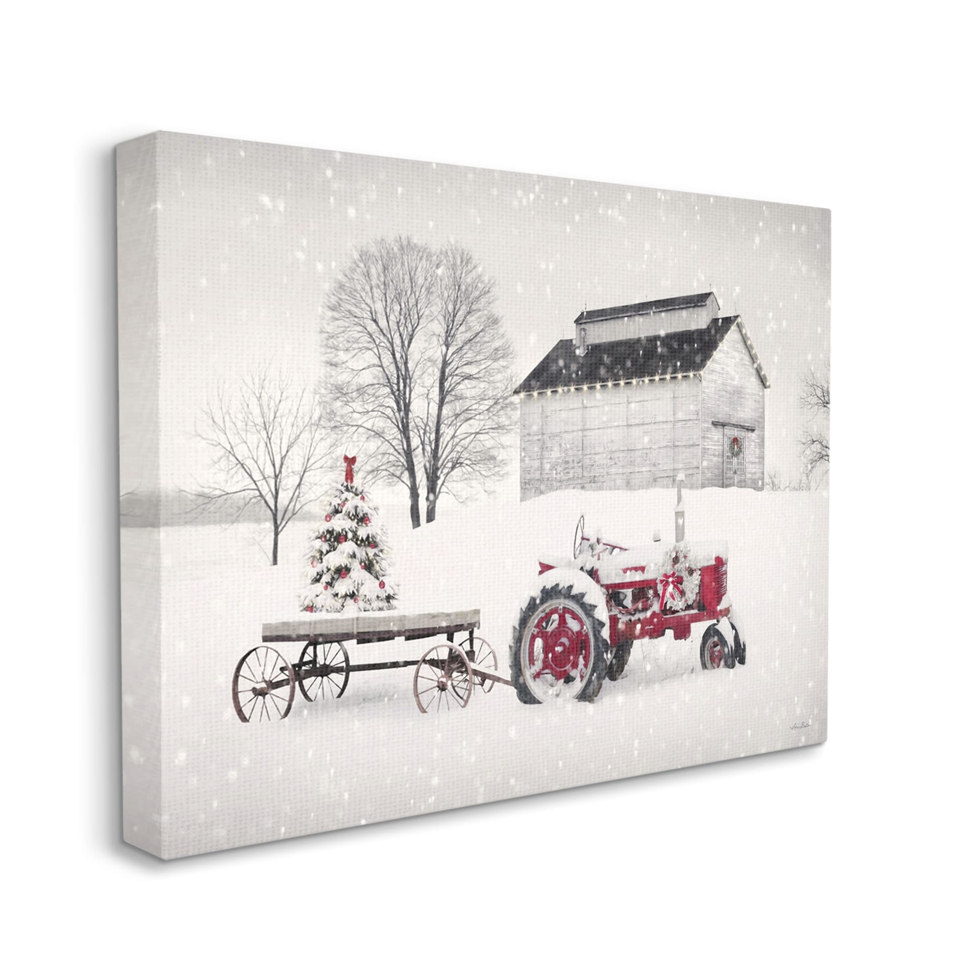 Festive Red Christmas Tractor Niveous Countryside Flurries Landscape Painting Gallery-Wrapped Canvas Print Wall Art