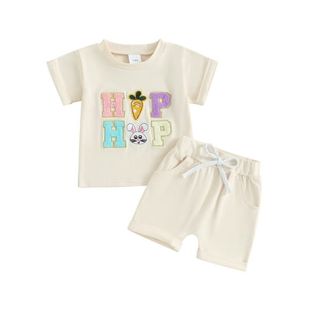 

Mioliknya Baby Girls Easter Outfit Letter Bunny Embroidery T-Shirt and Shorts
