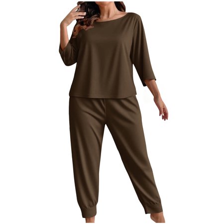 dazeni XL-5XL Plus Size Pajamas for Women Set 3/4 Length Sleeve Tops and Pants Soft Pjs Sleep Sets Lightweight Solid Crewneck Housewear Outfits Brown XL