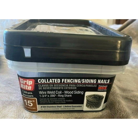 Grip Rite MAXC62875 15-Deg Wire Coil 1-3/4"x.09" SS Siding Nails 1200/Box