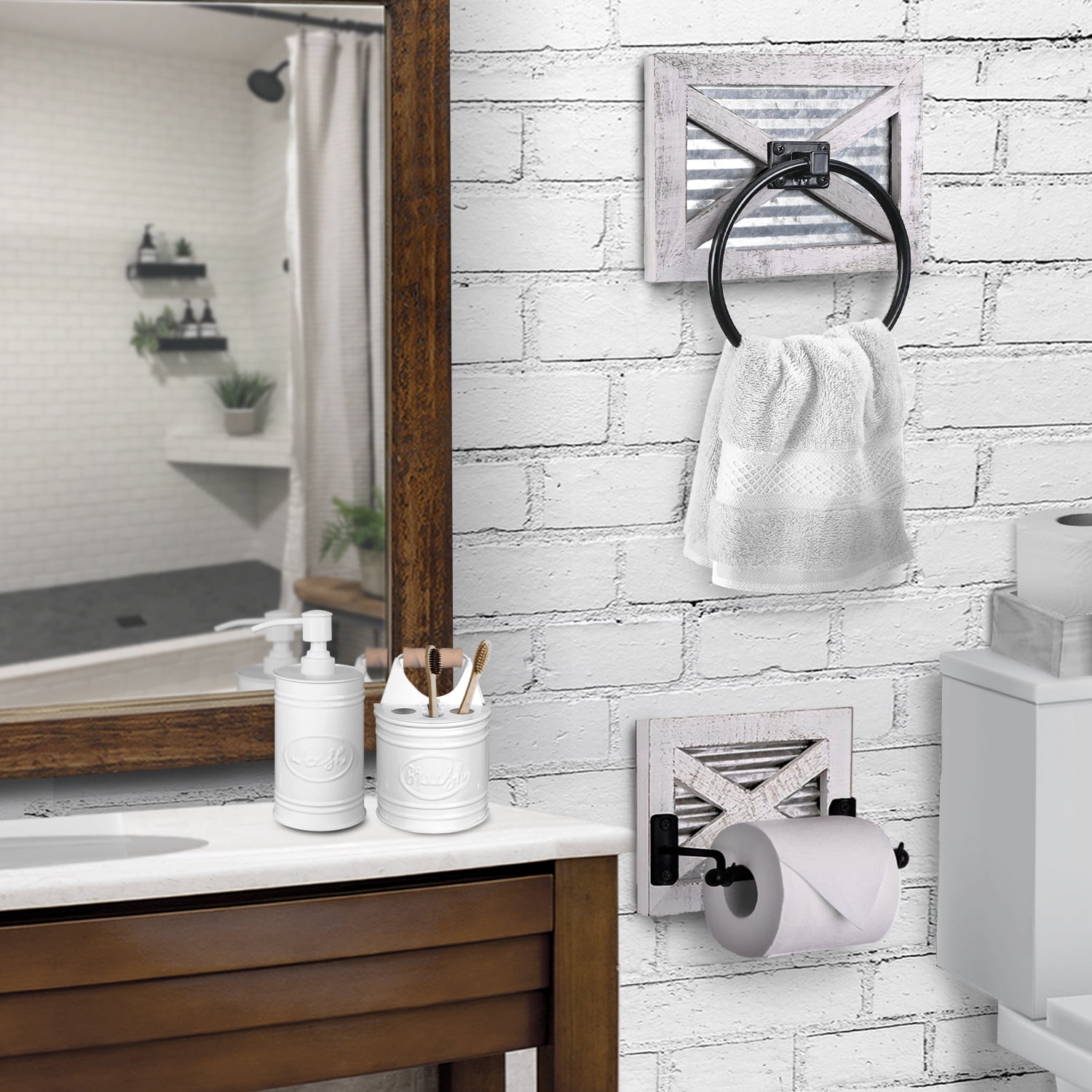 Autumn Alley Farmhouse Toilet Paper Holder and Towel Ring, Wall Mount, 2 Set - Farmhouse Wall Toilet Paper Holder & Bathroom Hand Towel Holder Decor, Rustic White