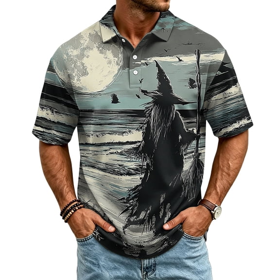 BRANROY Halloween Active Golf Shirts Men - Funny Graphic Short Sleeve Button Down Casual Polo Tops with Novelty Print and Breathable Mesh for Summer Vacation,Beige L
